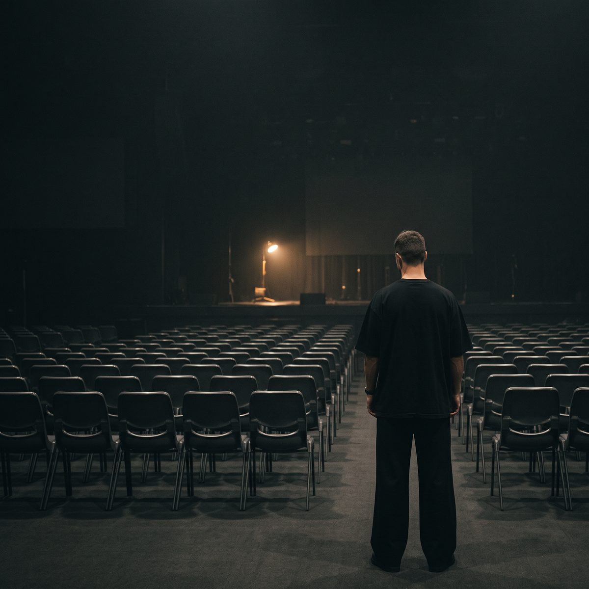 A man seen from behind, standing in the aisle of an empty auditorium facing a lit stage.