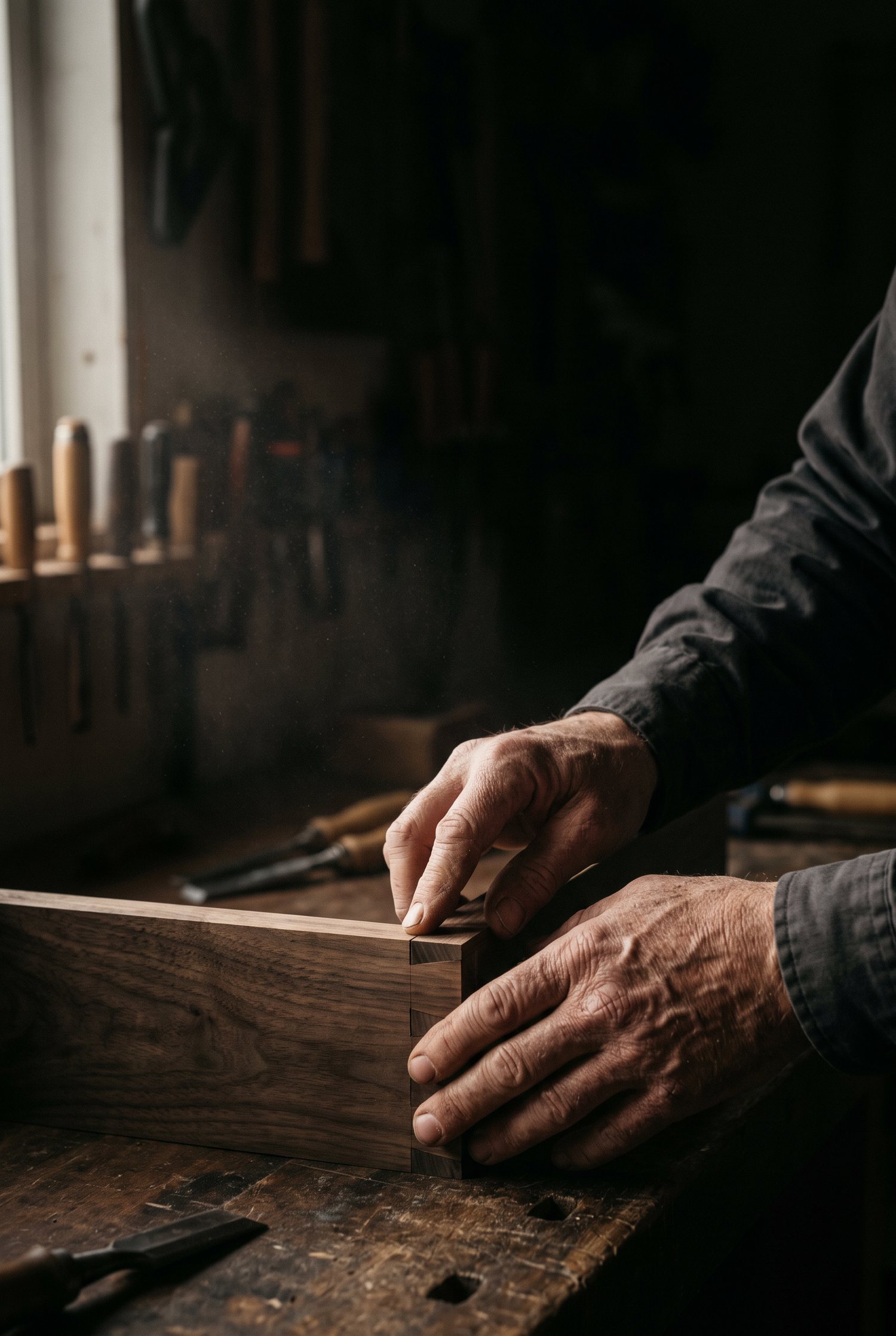 Weathered hands fitting a dovetailed walnut box together on a workshop bench, chisels in the background.